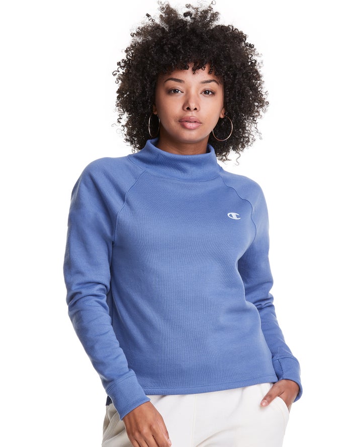 Champion Womens Sweatshirt NZ - Powerblend Fleece Mock Neck Embroidered Logo Blue ( 2073-YXZFU )